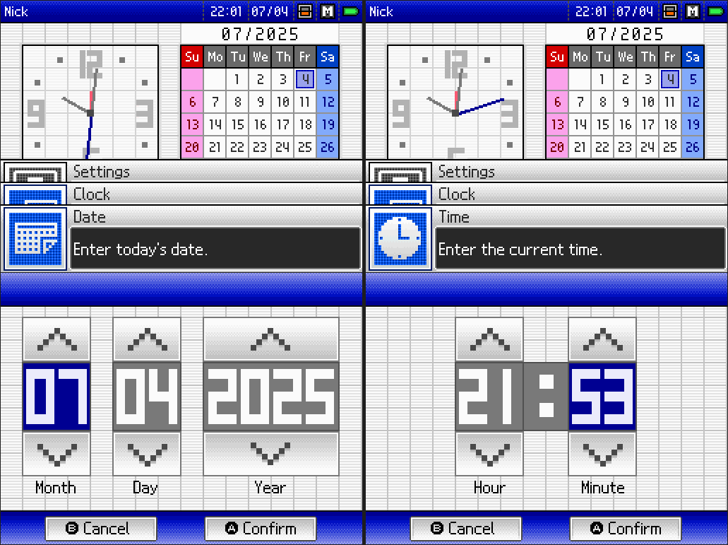 DS Date & Time screen